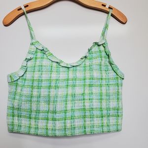 COTTON ON Plaid Green Crop Shirred Top Blouse Cotton Ruffle Size Medium Summer